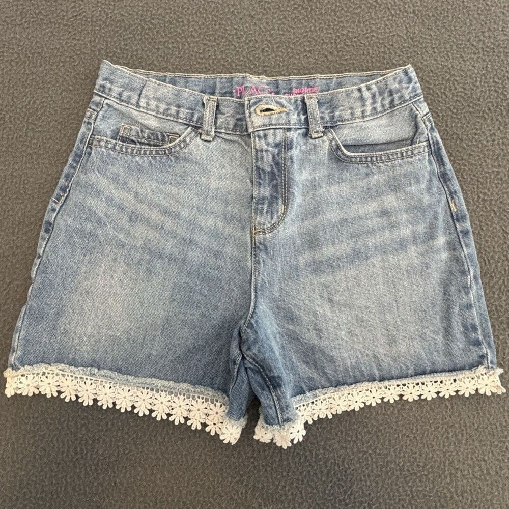 The Children's Place Girls Light Wash Denim Shortie Shorts Lace Hem 12 Pockets